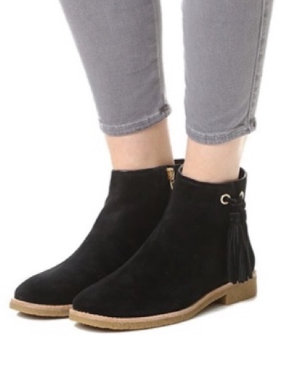NIB Kate Spade Bellamy Black Sport Suede Ankle Booties with Tassel Accent